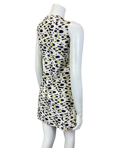 VINTAGE 60s 70s WHITE BLUE YELLOW PSYCHEDELIC MOD SLEEVELESS SHIFT DRESS 10