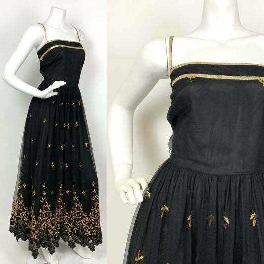 VINTAGE 60s 70s BLACK GOLD EMBROIDERED LEAF STUDIO 54 STRAPPY MESH MAXI DRESS 8