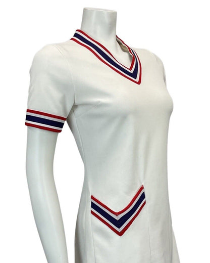 VINTAGE 60s 70s WHITE NAVY RED MINI TENNIS MOD PREPPY DRESS 10