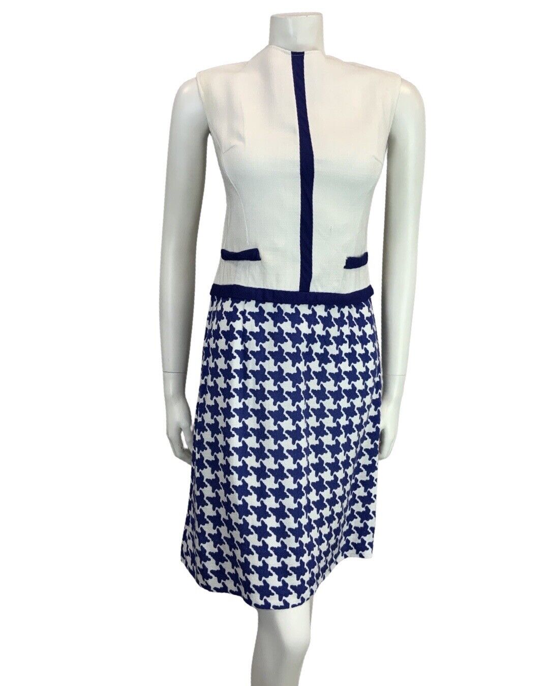 VINTAGE 60S BLUE WHITE MOD PATTERNED CHECKED HOUNDSTOOTH DRESS 8