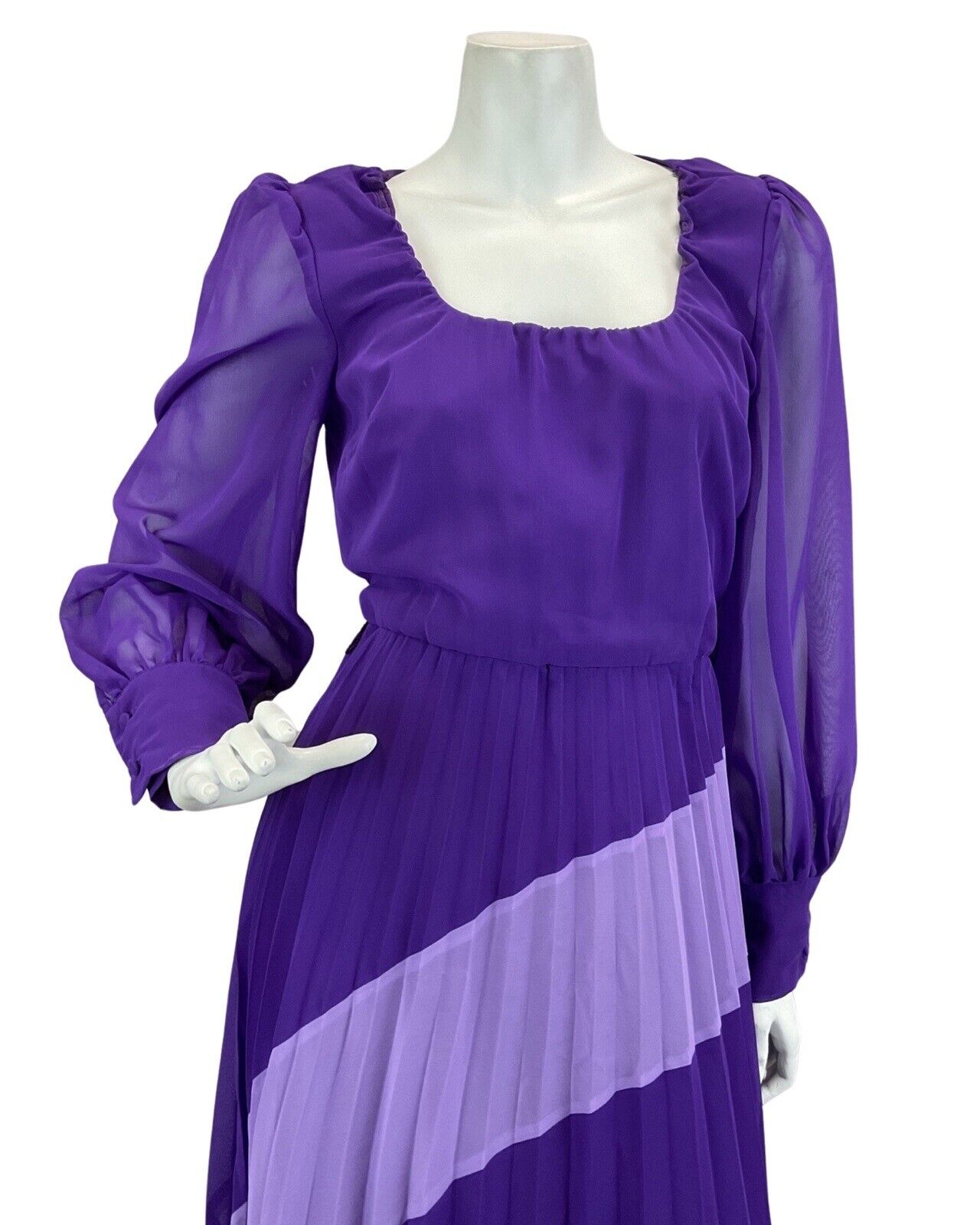 VINTAGE 60s 70s PURPLE LILAC PLEATED SHEER SLEEVE DISCO BOHO FOLK  MAXI DRESS 8