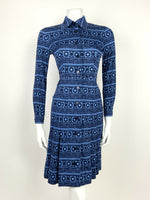 VINTAGE 60s 70s MOD BLUE NAVY GEOMETRIC STRIPED PLEATED SHIRT DRESS 6 8