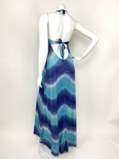 VINTAGE 60s 70s BLUE WHITE TURQUOISE WAVE TIE DYE HALTER MAXI DRESS 8