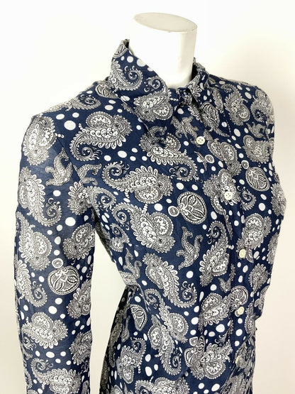 VTG 60s 70s NAVY BLUE WHITE FLORAL PAISLEY MOD DAGGER COLLAR SHIRT DRESS 12 14