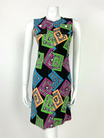 VTG 60s 70s BLACK BLUE GREEN PURPLE ORANGE GEOMETRIC QUILTED NAKAJIMA DRESS 6