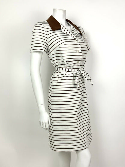 VINTAGE 60s 70s WHITE BROWN STRIPED SHIRT BELTED SHIFT DRESS 8 10