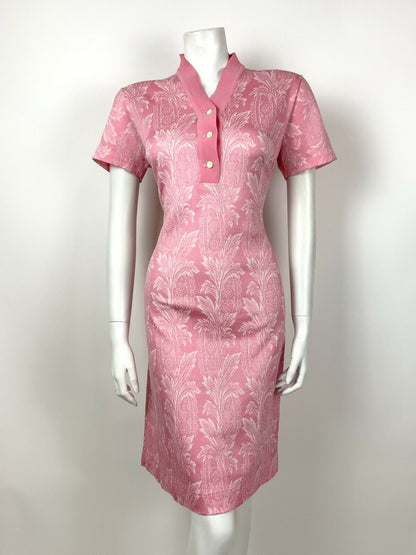 VINTAGE 60s 70s BABY PINK WHITE FLORAL PALM LEAF FITTED DRESS 14 16