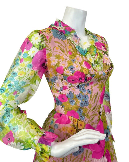 VINTAGE 60s 70s GREEN PINK BLUE GARDEN FLORAL DAISY SUMMER SHEER MAXI DRESS 6