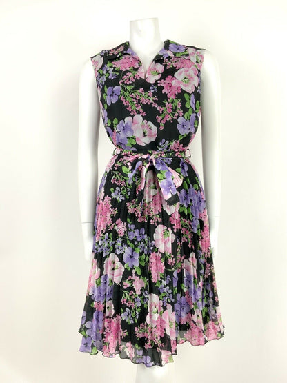 VINTAGE 60s 70s BLACK PINK PURPLE GREEN FLORAL PLEATED BELTED DRESS 12