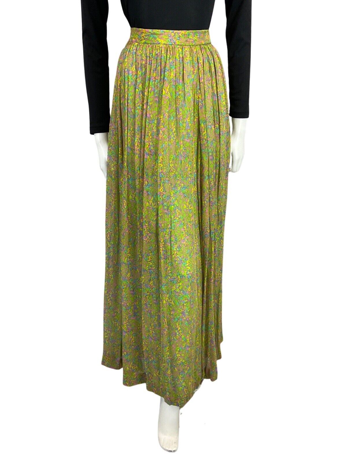 VINTAGE 60s 70s GREEN PINK BLUE YELLOW FLORAL FLOATY BOHO FOLK MAXI SKIRT 4