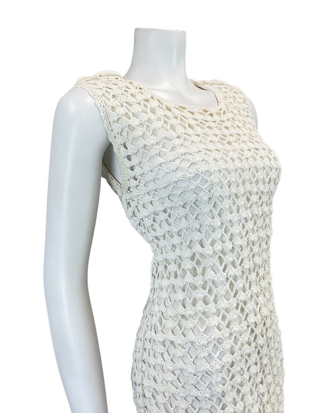 VINTAGE 60s 70s WHITE CROCHET KNITTED SLEEVELESS MOD SUMMER DRESS 10 12