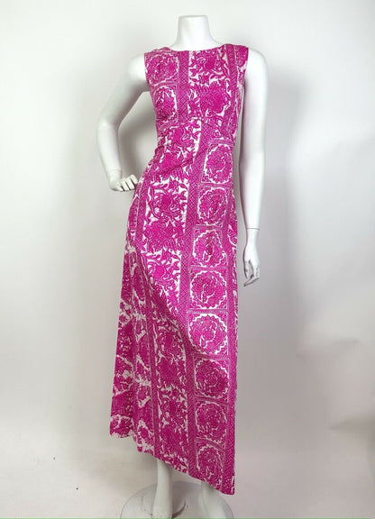 VINTAGE 60s 70s PINK WHITE FLORAL LACE HAWAIIAN PSYCHEDELIC COTTON MAXI DRESS 8