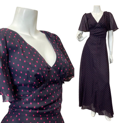 VINTAGE 60s 70s NAVY BLUE PINK SQUARE POLKA-DOT SHEER GOWN MAXI DRESS 10 12