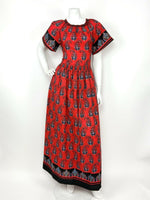 VTG 60s 70s RED NAVY BLUE BEIGE FLORAL PAISLEY PSYCHEDELIC MAXI DRESS 10 12