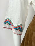 VTG 70s WHITE RED BLUE GREEN AZTEC GEOMETRIC EMBROIDERED BOHO ETHNIC TOP 10 12