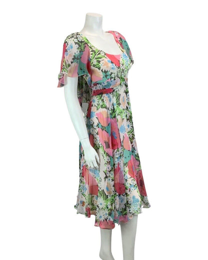 VINTAGE 60s 70s PINK BLUE GREEN FLORAL PRINT RUFFLED FLOATY MIDI DRESS 8 10