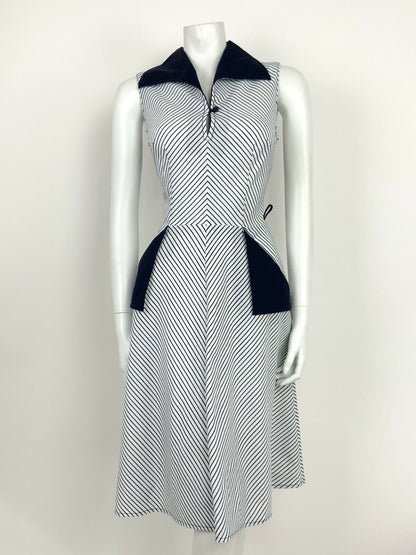 VINTAGE 60s 70s NAVY BLUE WHITE STRIPED OP-ART WING COLLAR SUN DRESS 10