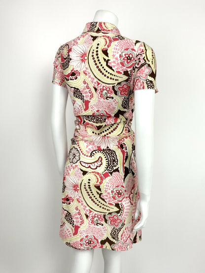 VTG 60s 70s WHITE PINK BROWN YELLOW FLORAL PSYCHEDELIC HIPPY STRETCH DRESS 10 12