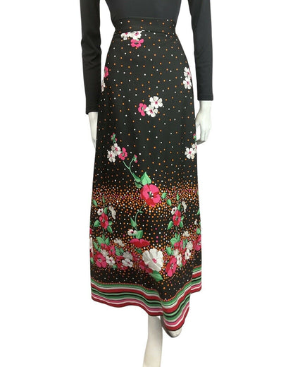 VINTAGE 60s 70s BLACK PINK ORANGE FLORAL DOTTY FOLK MOD MAXI SKIRT 8 10