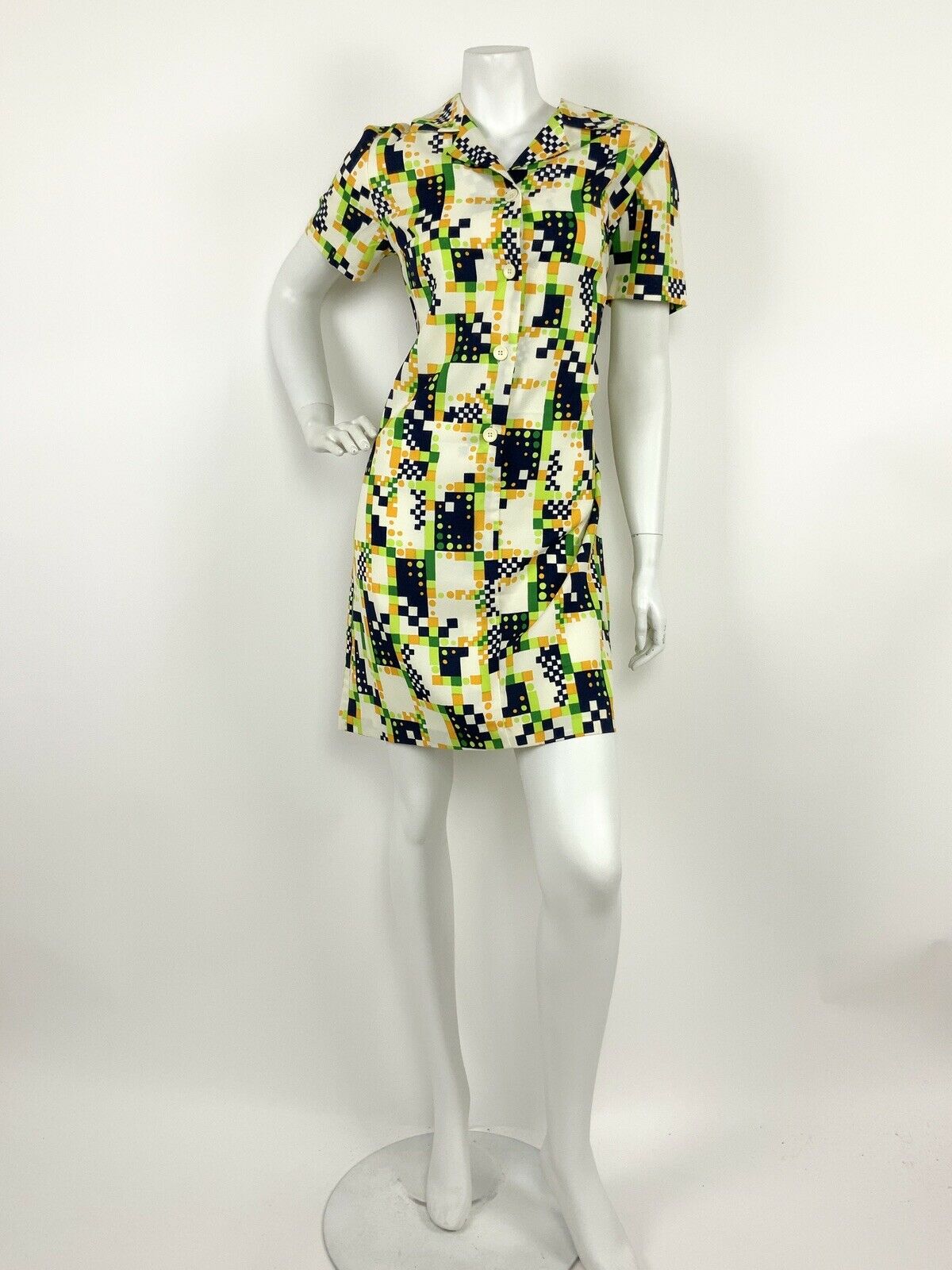 VINTAGE 60s 70s CREAM LIME GREEN BLUE ORANGE GEOMETRIC PIXEL SHIRT DRESS 10 12