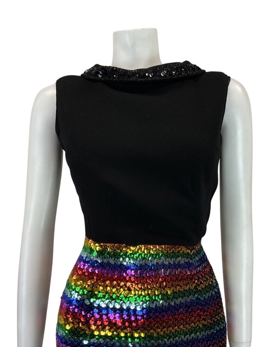 VINTAGE 60s 70s BLACK STRIPED RAINDOW SEQUIN MOD DISCO PARTY SLEEVELESS DRESS 8