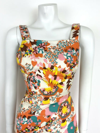 VTG 60s 70s WHITE PINK YELLOW ORANGE BLUE FLORAL PINWHEEL SUMMER APRON DRESS 4