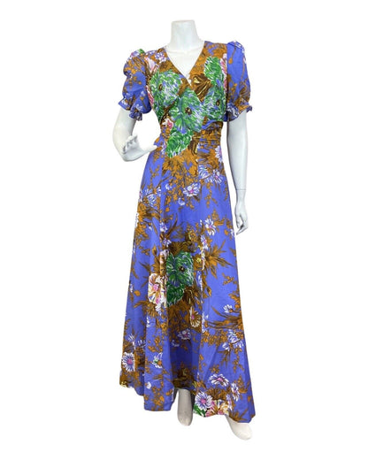 VINTAGE 60s 70s PURPLE GOLD GREEN FLORAL PUFF SLEEVE SUMMER MAXI DRESS 8 10