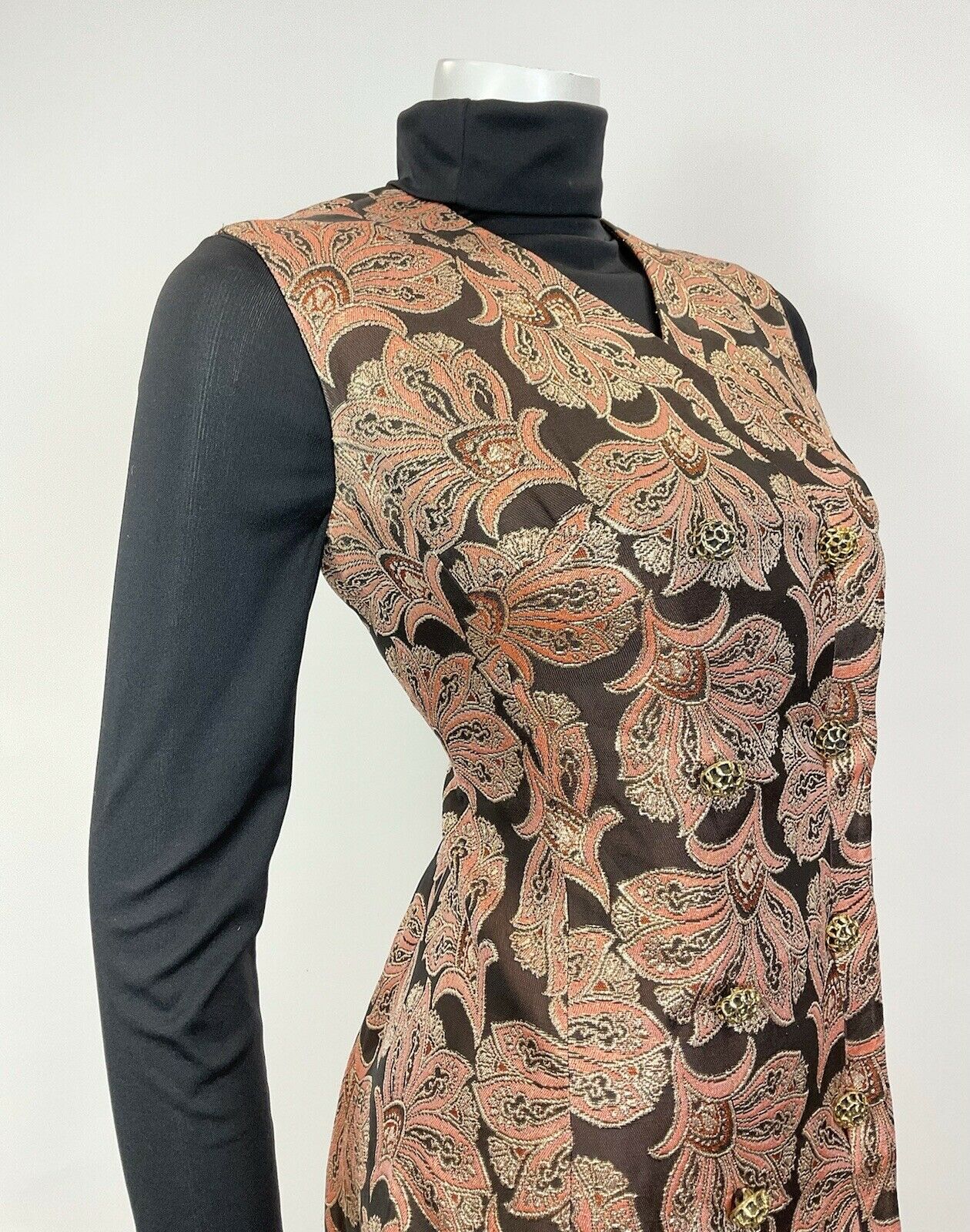 VTG 60s 70s ORANGE GOLD BLACK FLORAL BAROQUE PARTY GLAM WAISTCOAT DRESS 10 12