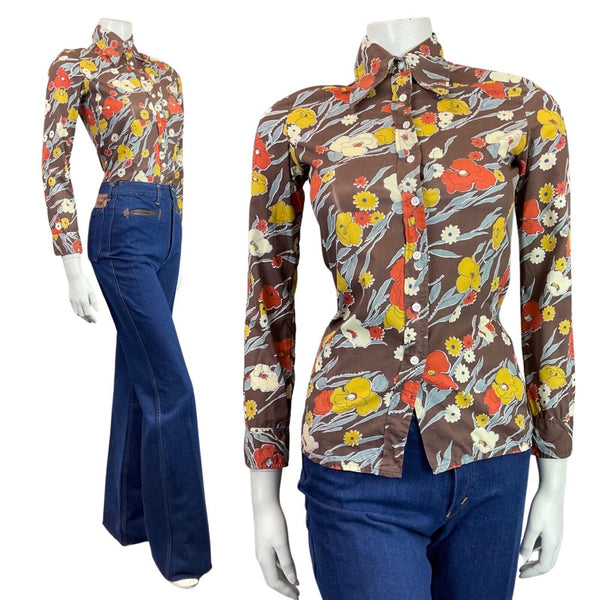 VINTAGE 60s 70s BROWN YELLOW RED FLORAL MOD DAGGER COLLAR SHIRT 10 12