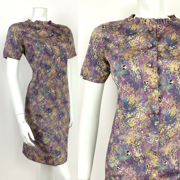 VTG 60s 70s PURPLE BLUE GREEN GOLD FLORAL WATERCOLOUR BATIK SHIFT DRESS 8 10