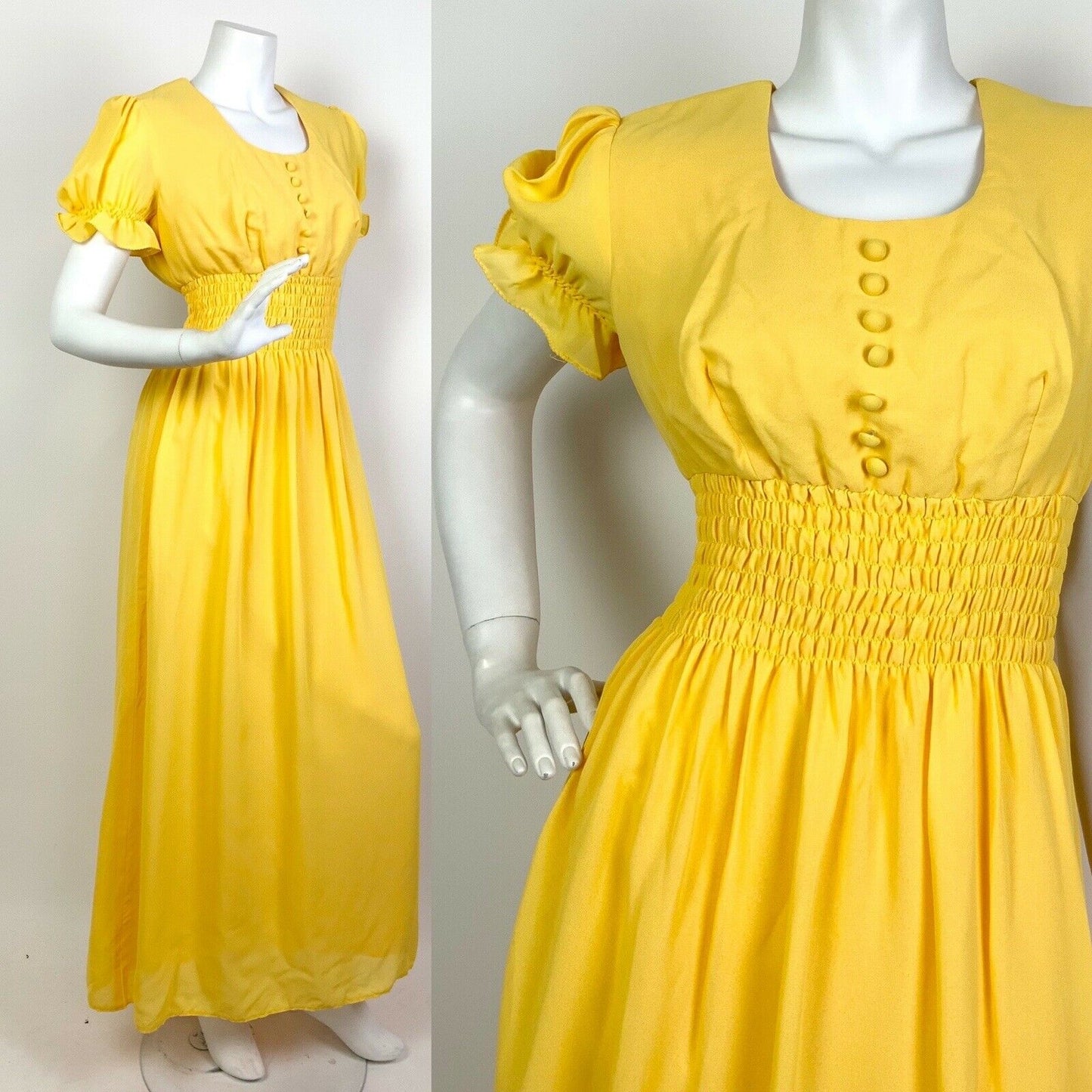 VINTAGE 60s 70s SUNSHINE YELLOW PUFF SLEEVE PRAIRIE BOHO MAXI DRESS 10 12