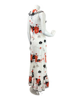 VINTAGE 60s 70s WHITE RED BLACK FLORAL RUFFLED MOD SLEEVELESS MAXI DRESS 8