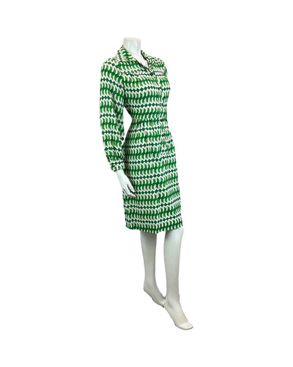 VINTAGE 60s 70s WHITE GREEN ABSTRACT PRINT MOD DISCO PARTY DRESS 10 12