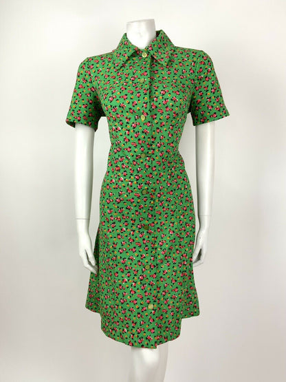 VINTAGE 60s 70s GREEN PINK RED YELLOW FLORAL DITSY DAGGER SHIRT DRESS 10 12