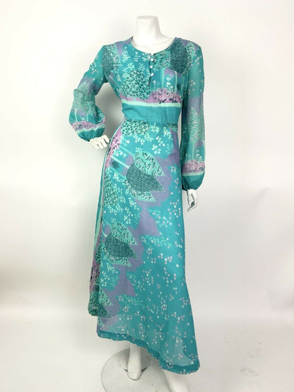 VTG 60s 70s BLUE PURPLE PINK FLORAL LEAFY BOHO FOLK PUFF SLEEVE MAXI DRESS 10 12