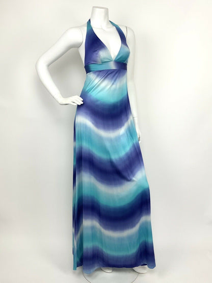 VINTAGE 60s 70s BLUE WHITE TURQUOISE WAVE TIE DYE HALTER MAXI DRESS 8