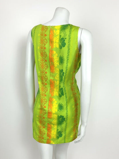 VTG 60s 70s LIME GREEN NEON ORANGE YELLOW FLORAL TROPICAL HAWAIIAN DRESS 10 12