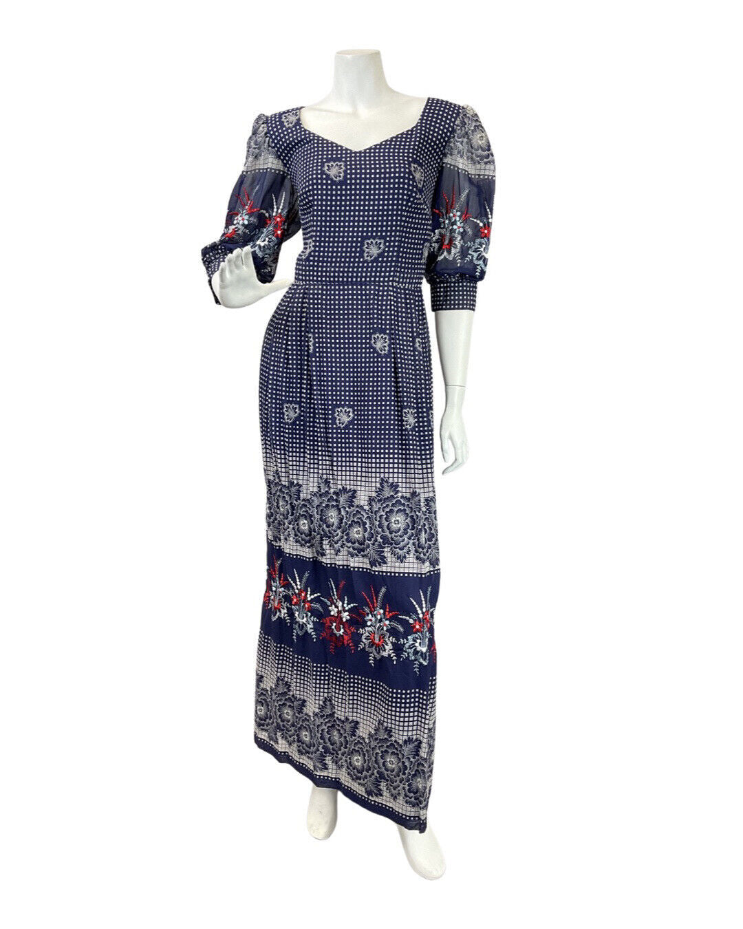 VINTAGE 60s 70s BLUE WHITE RED CHECKED FLORAL EMBROIDERED MAXI DRESS 14 16