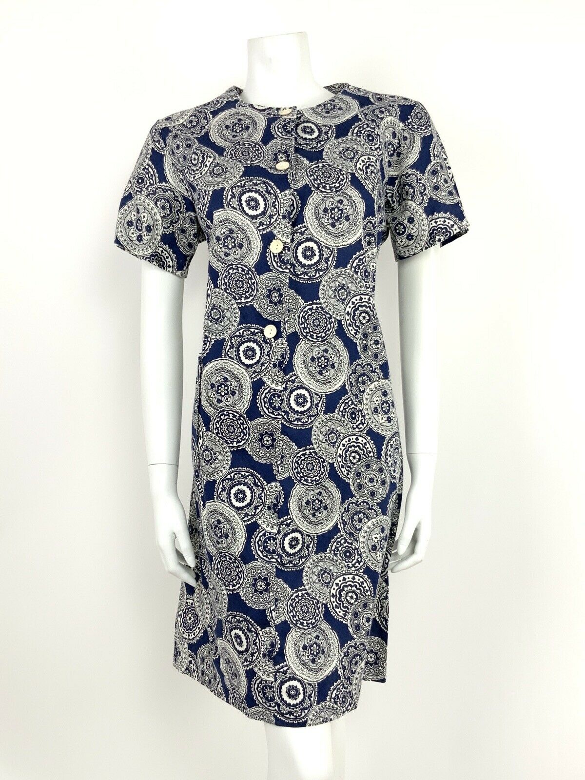 VINTAGE 60s 70s NAVY BLUE WHITE GEOMETRIC FLORAL MANDALA SHIFT DRESS 12