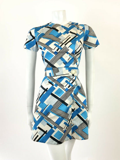 VINTAGE 60s 70s WHITE BLUE BLACK GEOMETRIC CHECKED MINI MOD DRESS 8 10