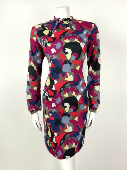 VINTAGE 60s 70s MULTI-COLOUR FLORAL ABSTRACT PSYCHEDELIC BOW DRESS 14 16