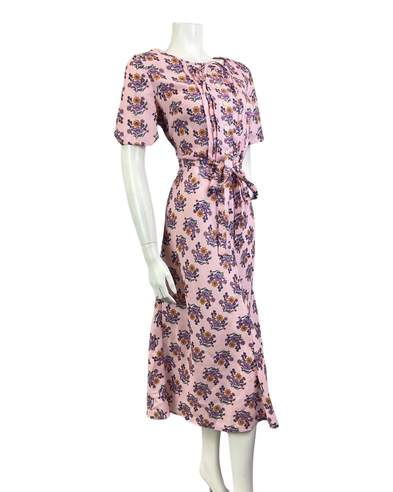 VINTAGE 60s 70s PINK PURPLE FLORAL BOUQUET BELTED SUMMER MIDI DRESS 12 14