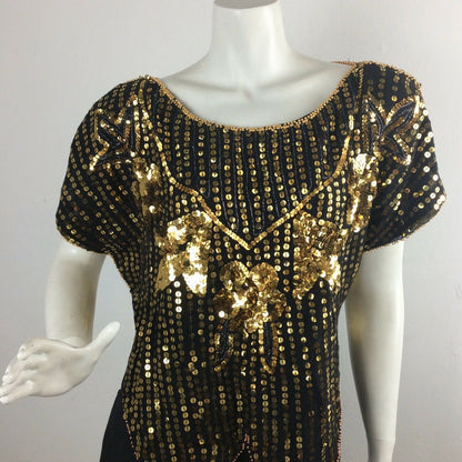 VINTAGE 1970’S BUTTERFLY TOP,BLACK, GOLD SEQUINS, BEADS, DISCO EVENING 8 10