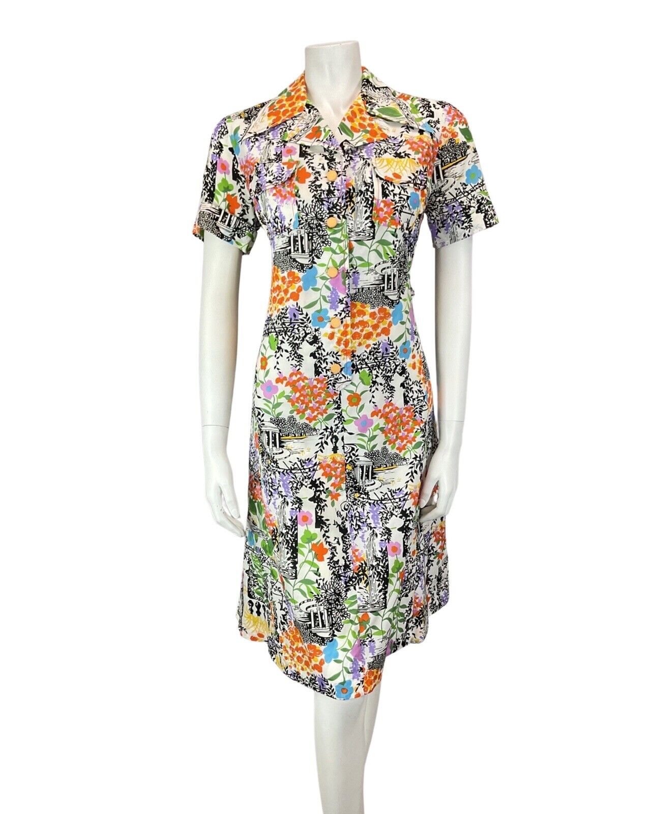 VINTAGE 60s 70s WHITE BLACK ORANGE FLORAL LEAFY BANDSTAND MOD SHIRT DRESS 12