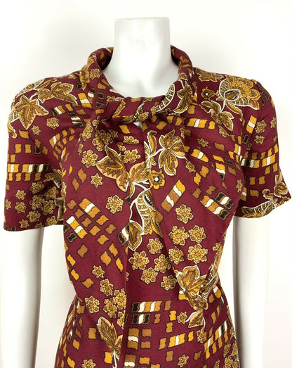 VINTAGE 60s 70s RED BROWN GOLD BLACK FLORAL PAISLEY SQUARE SHIFT DRESS 14 16