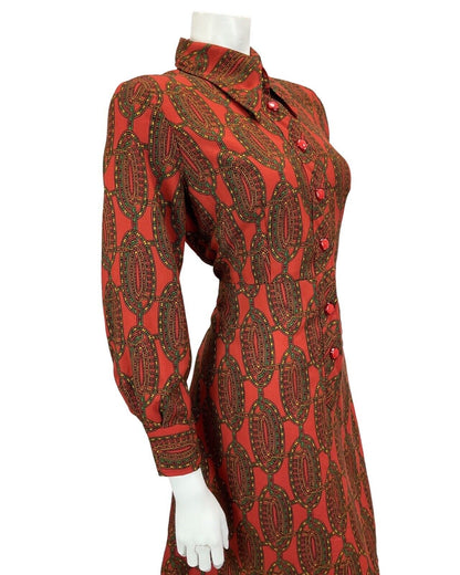 VINTAGE 60S 70S RED GREEN YELLOW PATTERNED DAGGAR COLLAR MINI DRESS 12 14