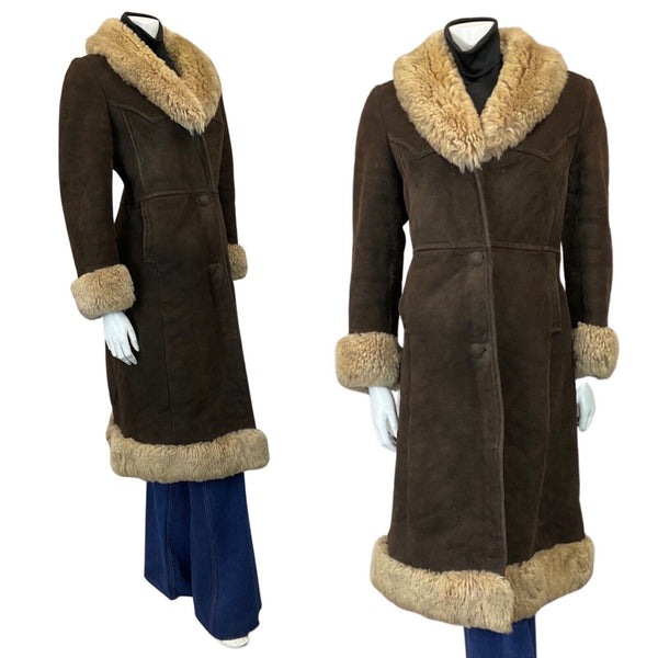 VINTAGE 60s 70s DARK BROWN CREAM BOHO SUEDE LONG SHEARLING PRINCESS COAT 10