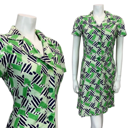 VINTAGE 60s 70s WHITE NAVY BLUE GREEN POLKA DOT PRINT MOD MINI SHIRT DRESS 10