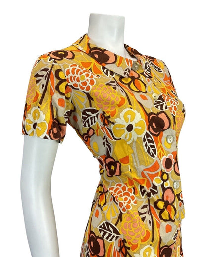 VINTAGE 60s 70s YELLOW BEIGE ORANGE FLORAL MOD PETER PAN SHIRT DRESS 12 14