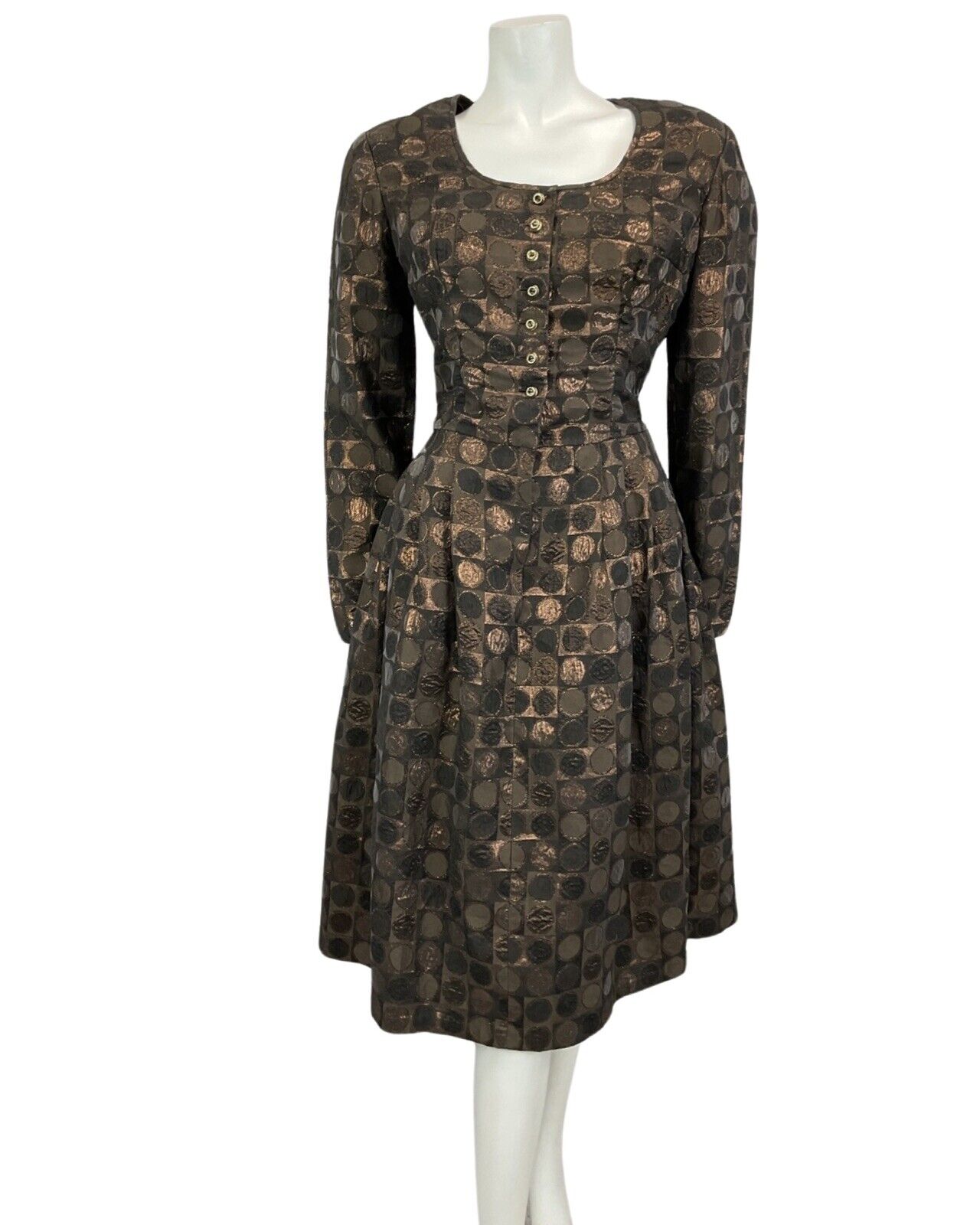 VINTAGE 60s 70s BROWN BRONZE METALLIC MOD MIDI PARTY CHRISTMAS EVENING DRESS 12